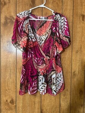 Leaf Print Empire Waist Blouse V Neck Puff Sleeve Flowy